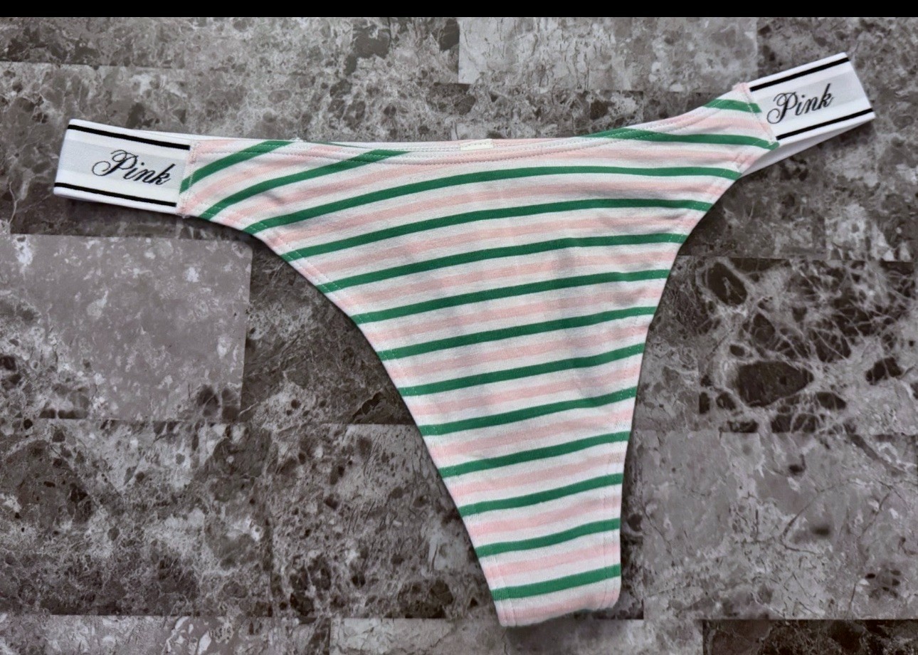NWOT VICTORIA’S SECRET PINK WHITE GREEN STRIPE THICK SIDE STRAP THONG PANTIES