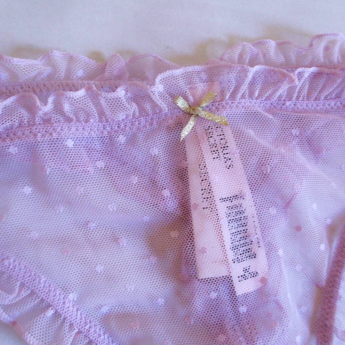 VICTORIA’S SECRET Ruffle Thong Panty M L XL Polka Dot Lavender Mesh Gold Bow