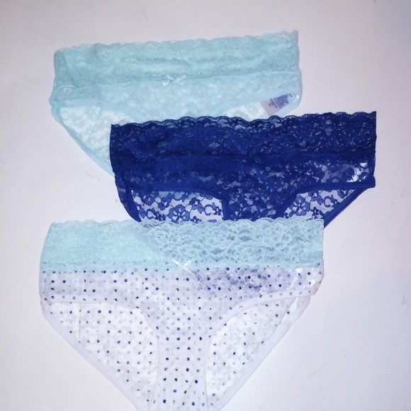 Set of 3 Simply Styled Panties Small Blue White Solid Polka Dots Lace New