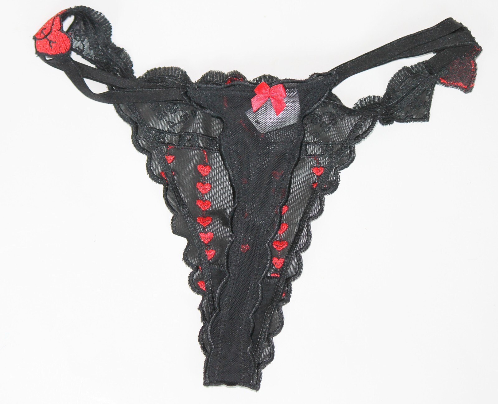 Valentine sze 8 Designer Heart thong knickers panties briefs sheer Black and Red