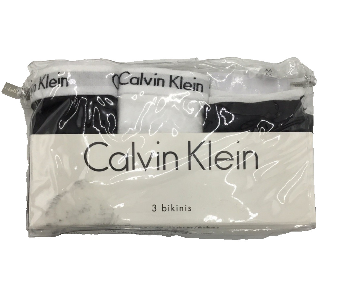 Calvin Klein Carousel Logo Cotton Stretch 3-Pack Bikini Panties, Black/White, M