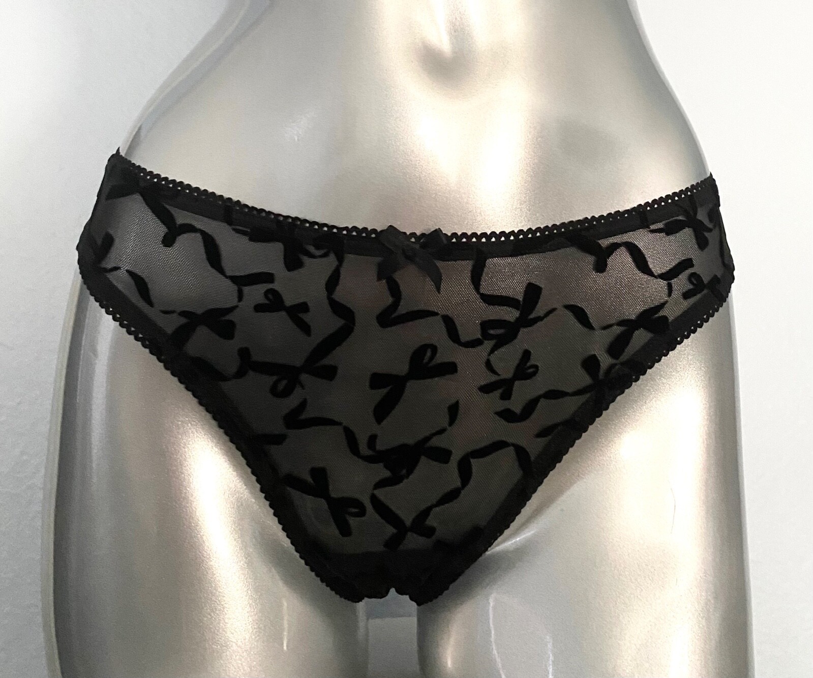 Victoria’s Secret Thong Panty Black Sheer Mesh Velvet Flocked Sexy M L XL
