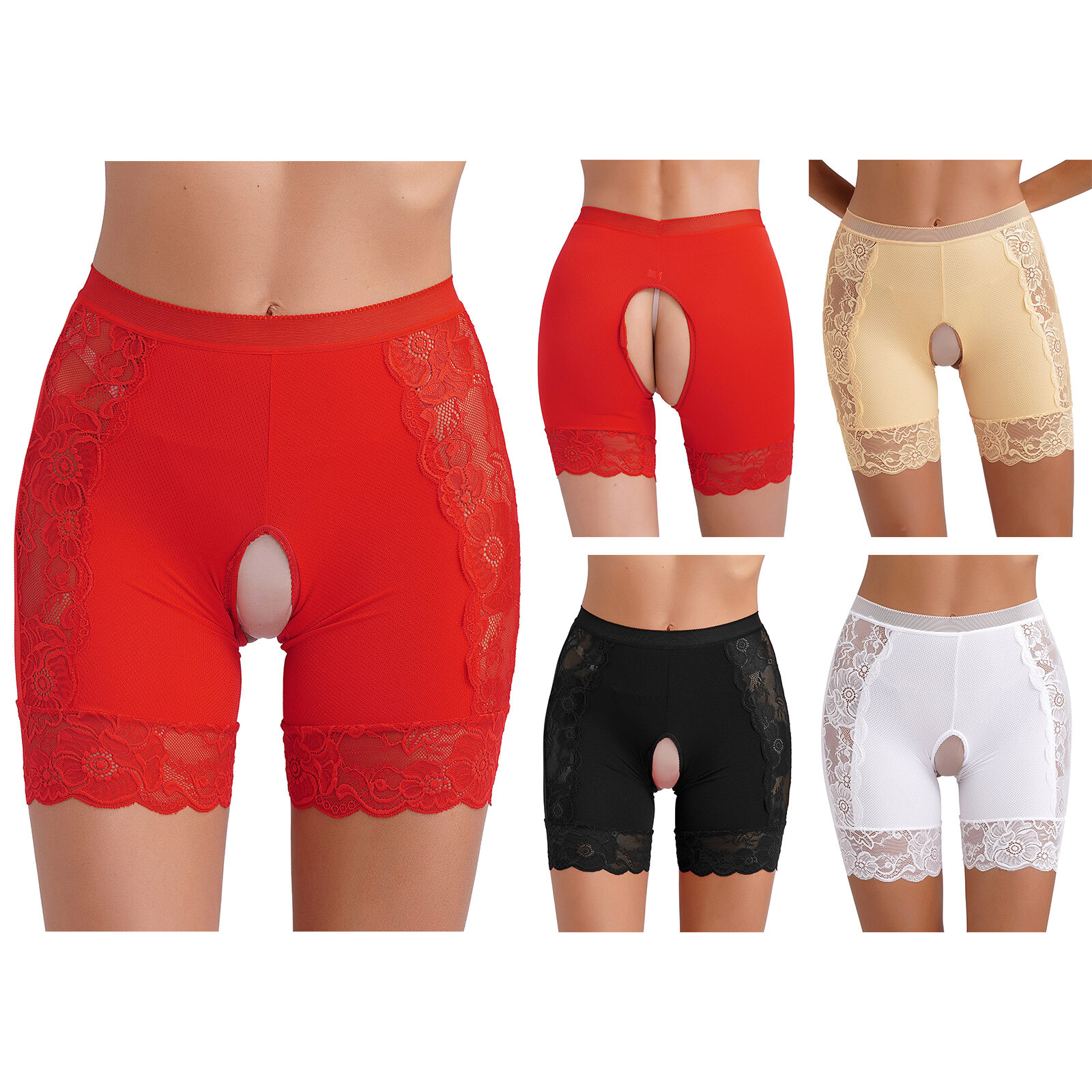 US Womens Crotchless Shorts Lace Trimming Underwear See Through High Waist Pants