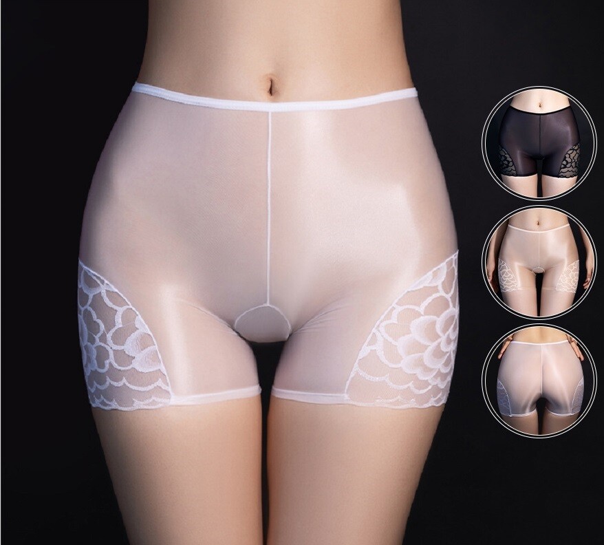S-XL Unisex Satin Lace Patchwork Underwear Shiny Glossy Panties Lingerie Shorts