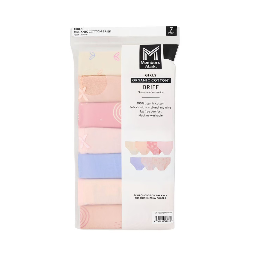 Member’s Mark Girls 7-Pack Organic Cotton Briefs Peach Unicorn Print Size 4-16