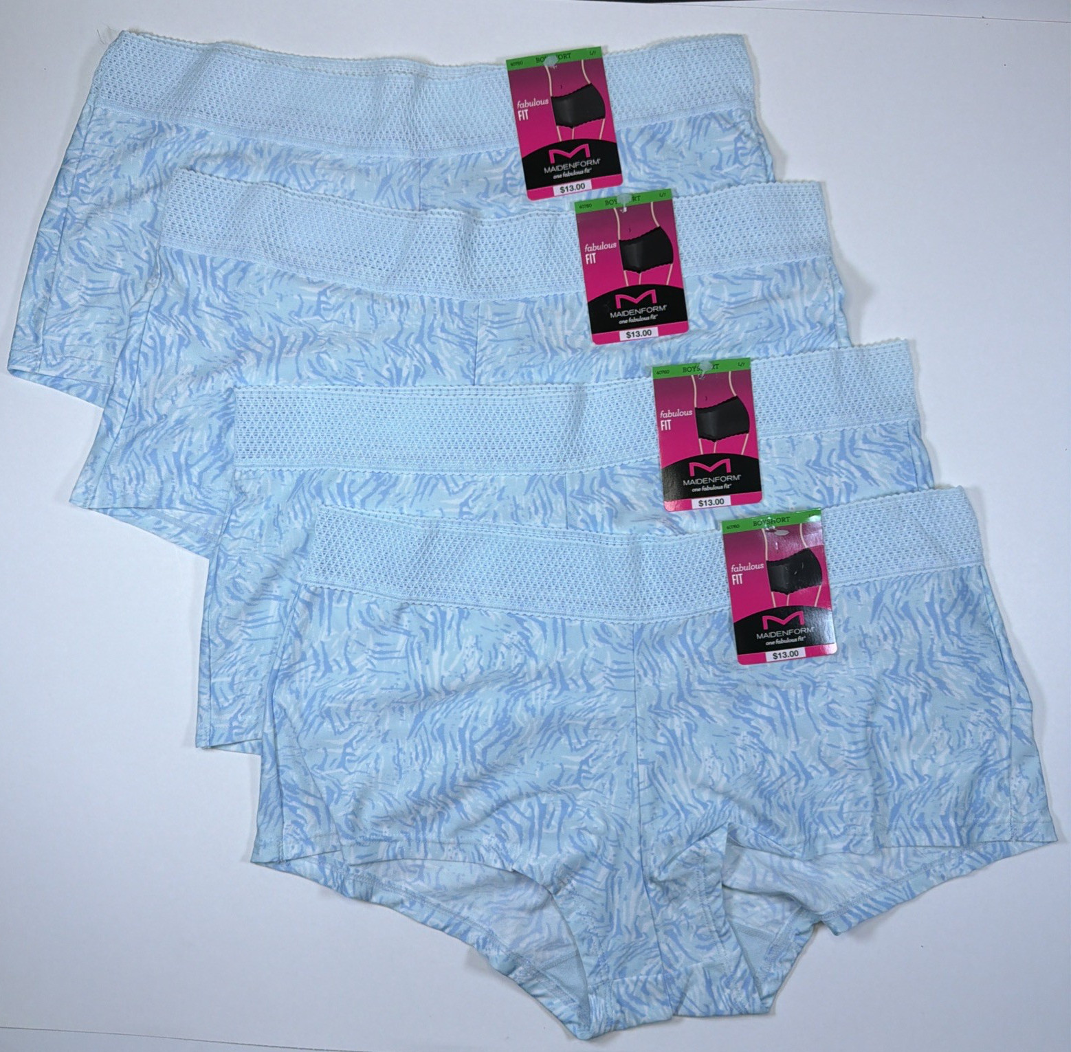 Maidenform Womens One Fab Fit Boyshort Panties L/7 Blue Print 40760 NEW 4 Pack