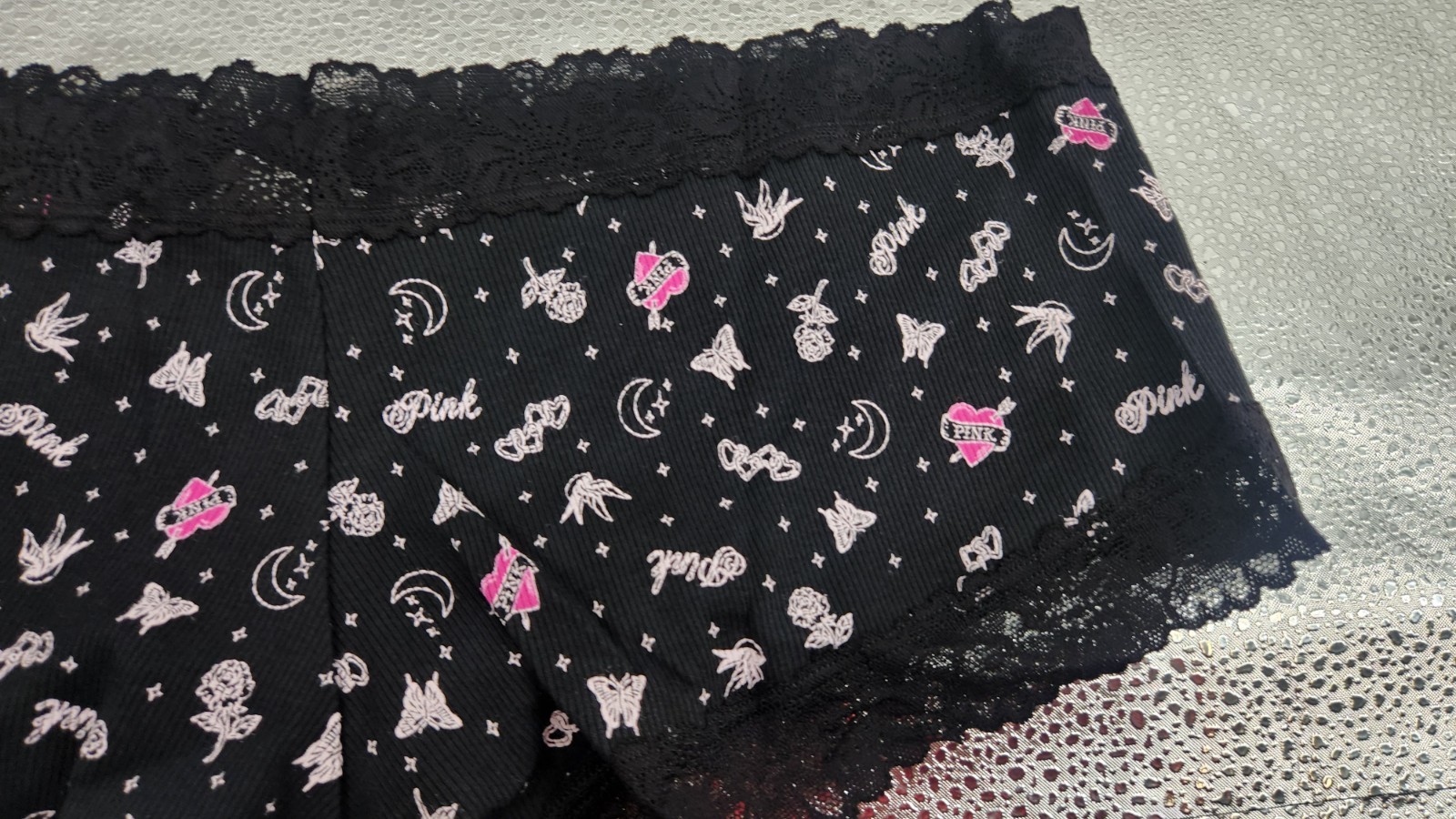 Victoria’s Secret XXL Black Graphic Print Wink Lace Trim Cheeky Panty NWT