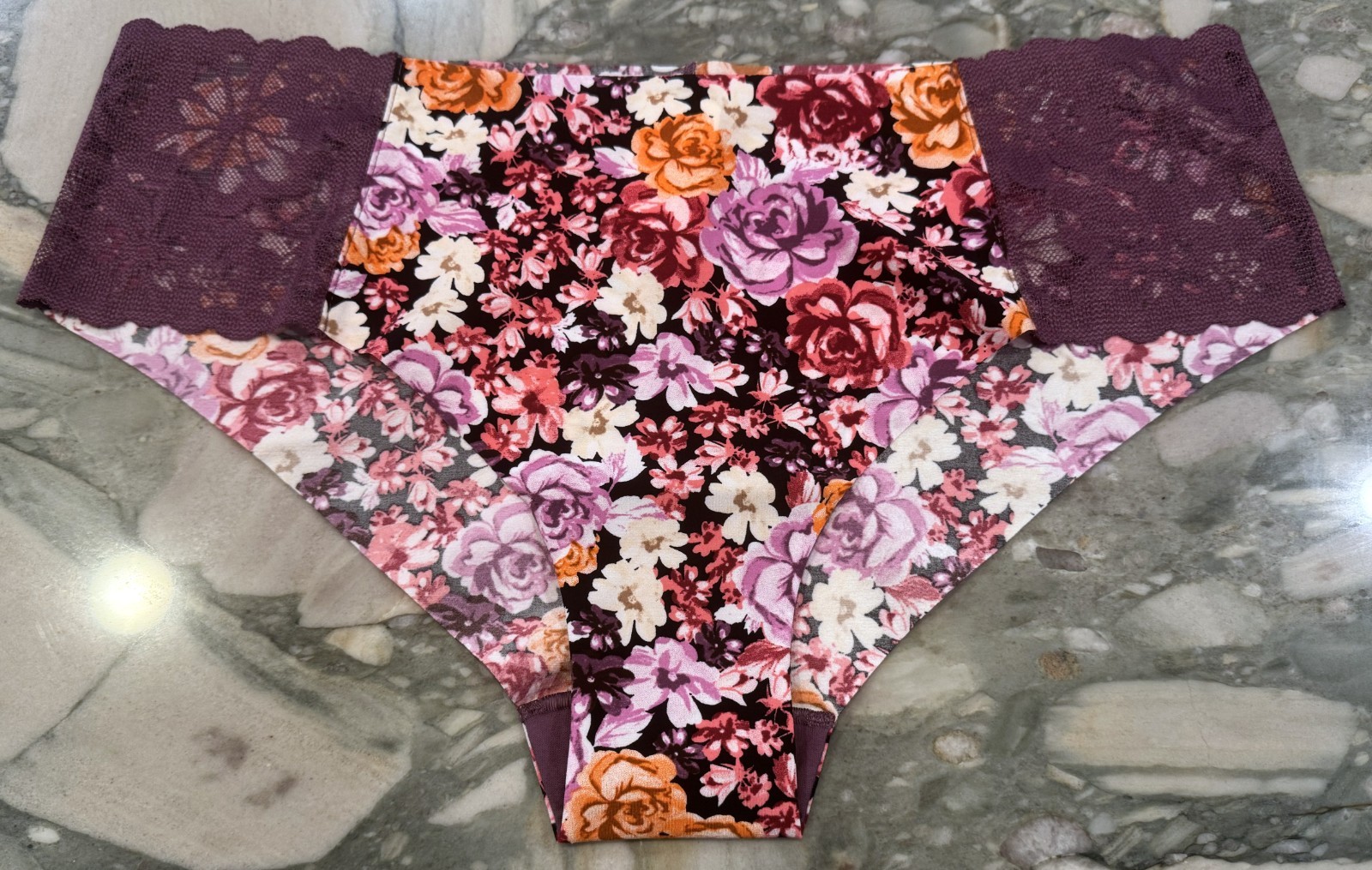NEW Victoria Secret PINK No Show Cheeky – Lace Inset – Purple Garden Floral XXL