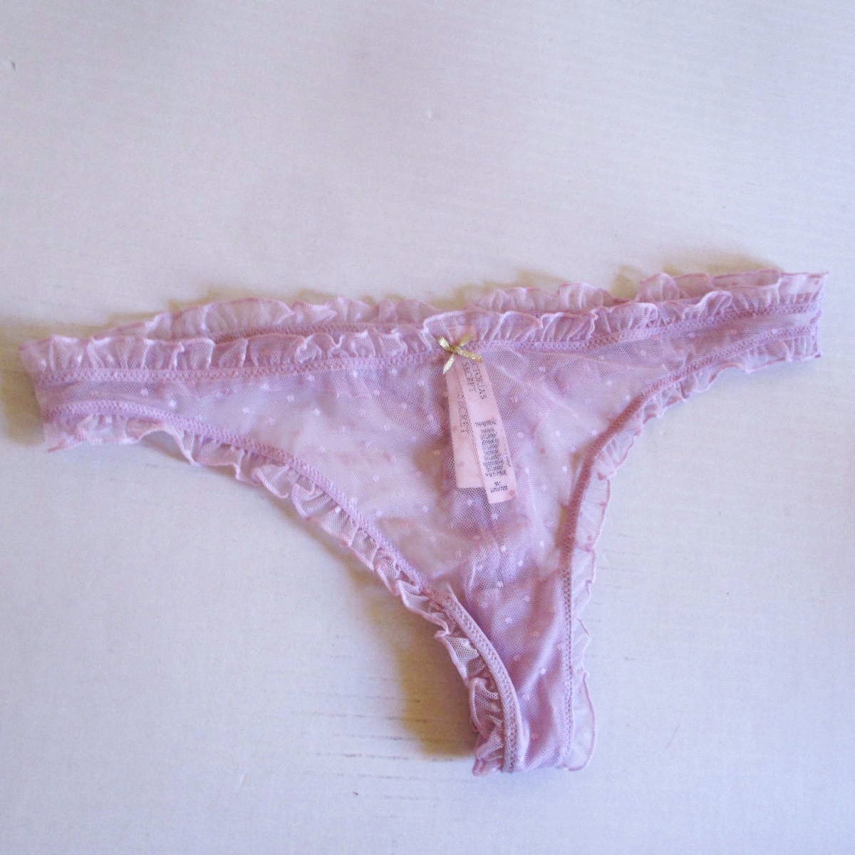 VICTORIA’S SECRET Ruffle Thong Panty M L XL Polka Dot Lavender Mesh Gold Bow