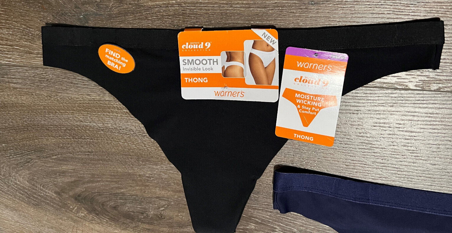 NWT 2 pr WARNERS Cloud 9 Black Blue Microfiber Thong Panty Sz 2XL 9