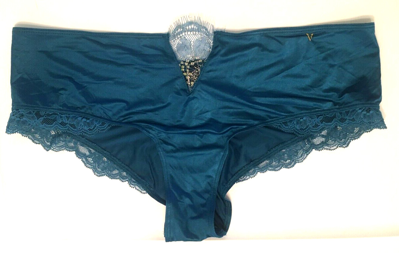Victoria’s Secret Sapphire Blue Micro Shimmer Lace Inset Cheeky Panty Size L NWT