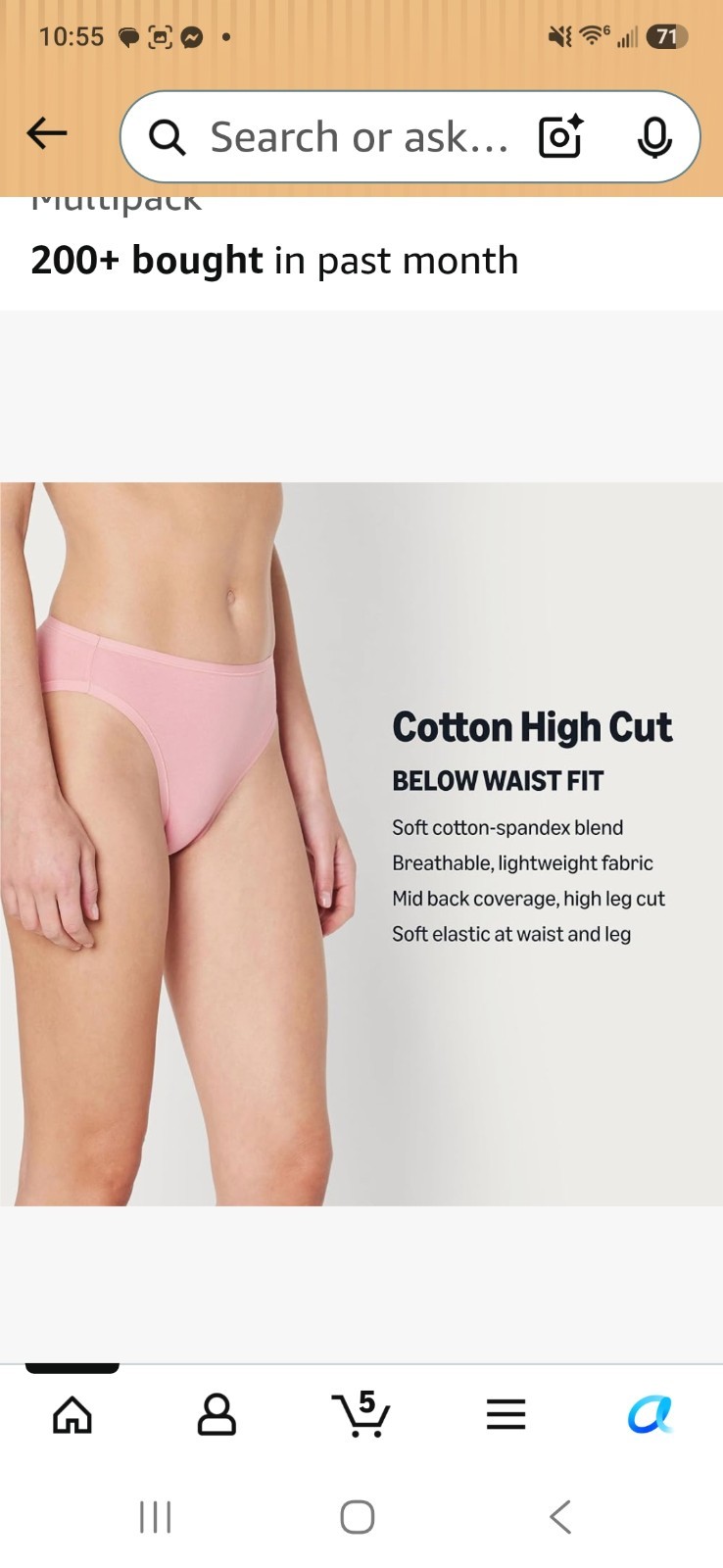 NWT Womens Amazon Essentials Medium Cotton Stretch High-Cut Bikini Panty Multipk