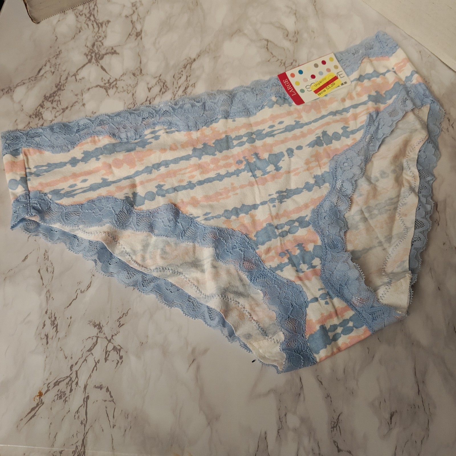 Saint Eve Bikini Panties Blue Pink White Striped Lace Women’s L #0694