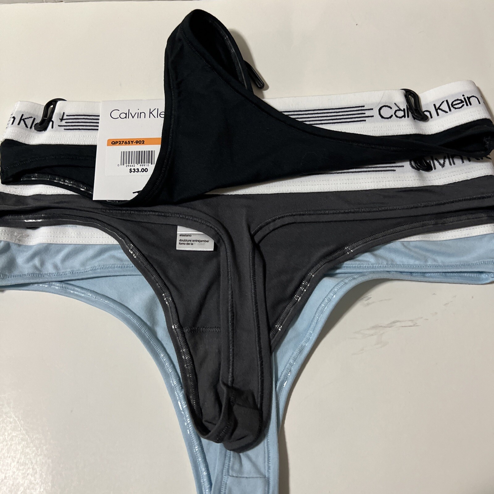 3 New Calvin Klein Mid RiseTHONG Panties Cotton Blend 3pk Black Gray Blue. New