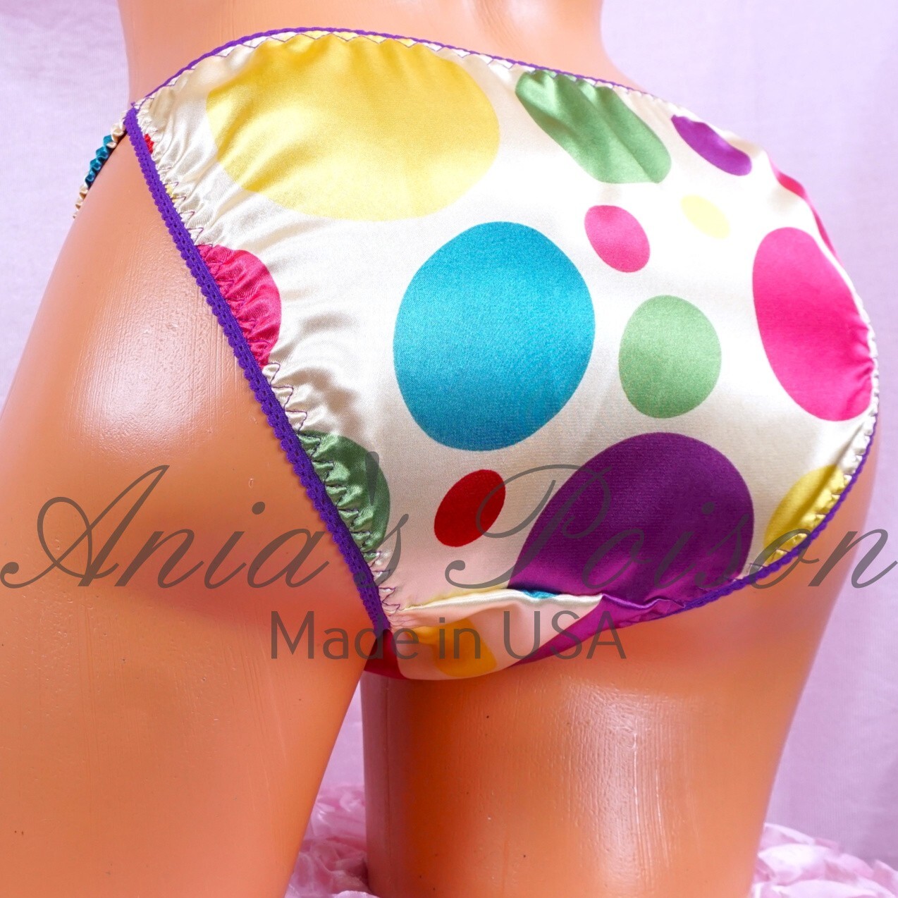 Rainbow Polka Dot Satin Panties Sissy DUCHESS CUT shiny ladies string bikini 5-9