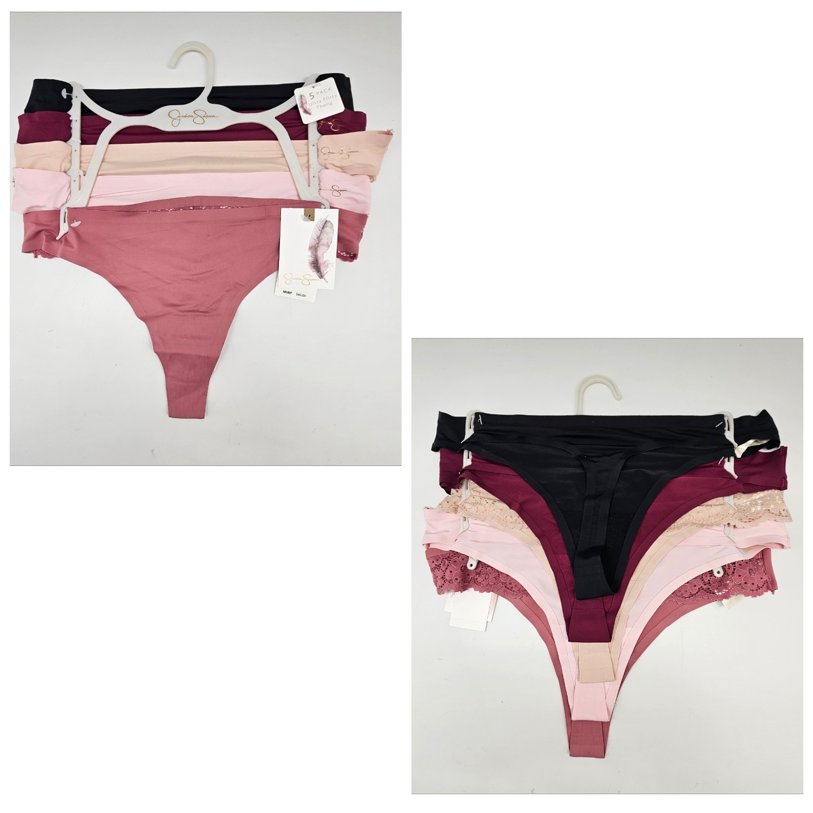 5 Pack JESSICA SIMPSON Women’s S L Micro Thong Panties Black Wine Beige Pink