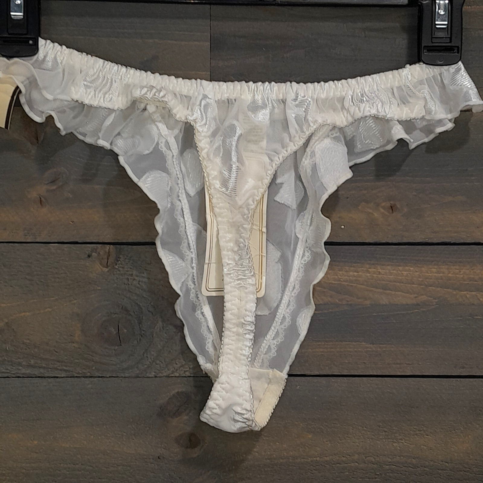 International Intimates Thong Panties Large White Sheer Ruffle High Cut Satin