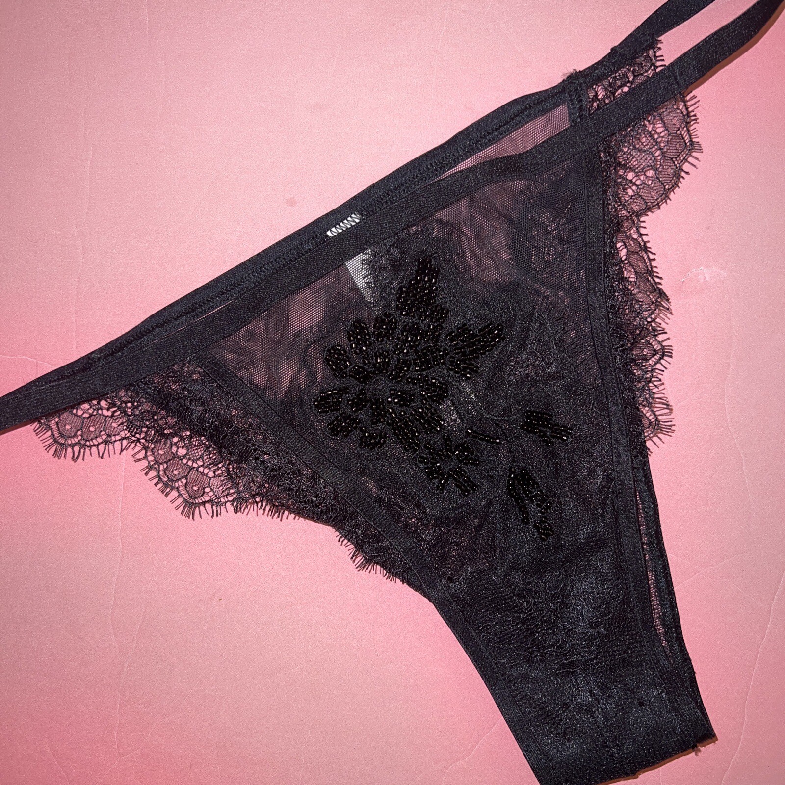 Victoria’s Secret S PANTY BLACK lace BEADED EMBELLISHED mesh string Itsy