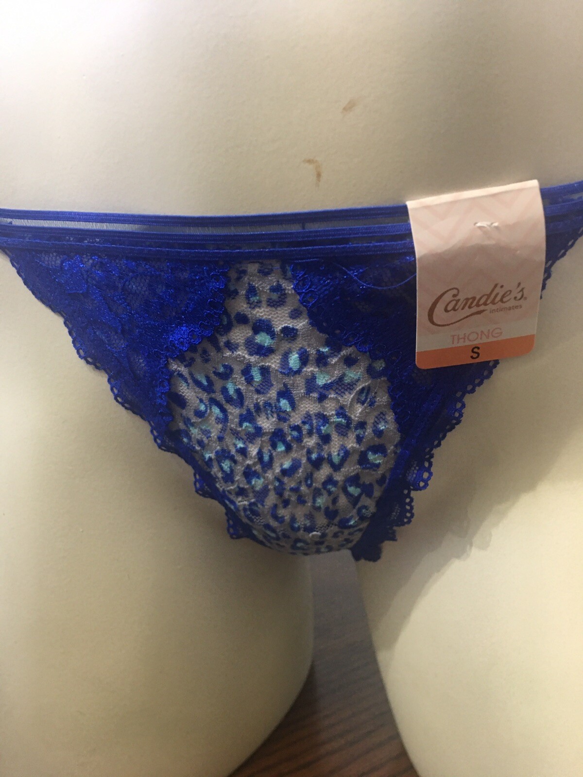 Candie’s G-String Sexy Intimates Thong ZZ83U057R Blue Animal Lace Sz.M