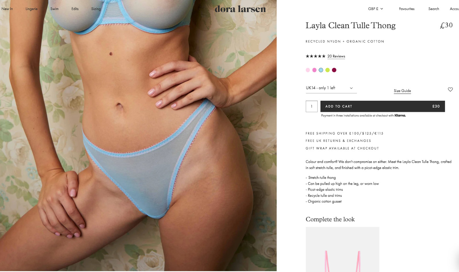 BNWT £30 Dora Larsen Layla Clean Thong Blue Tulle Mesh Pink UK 14 US 10 Underwea