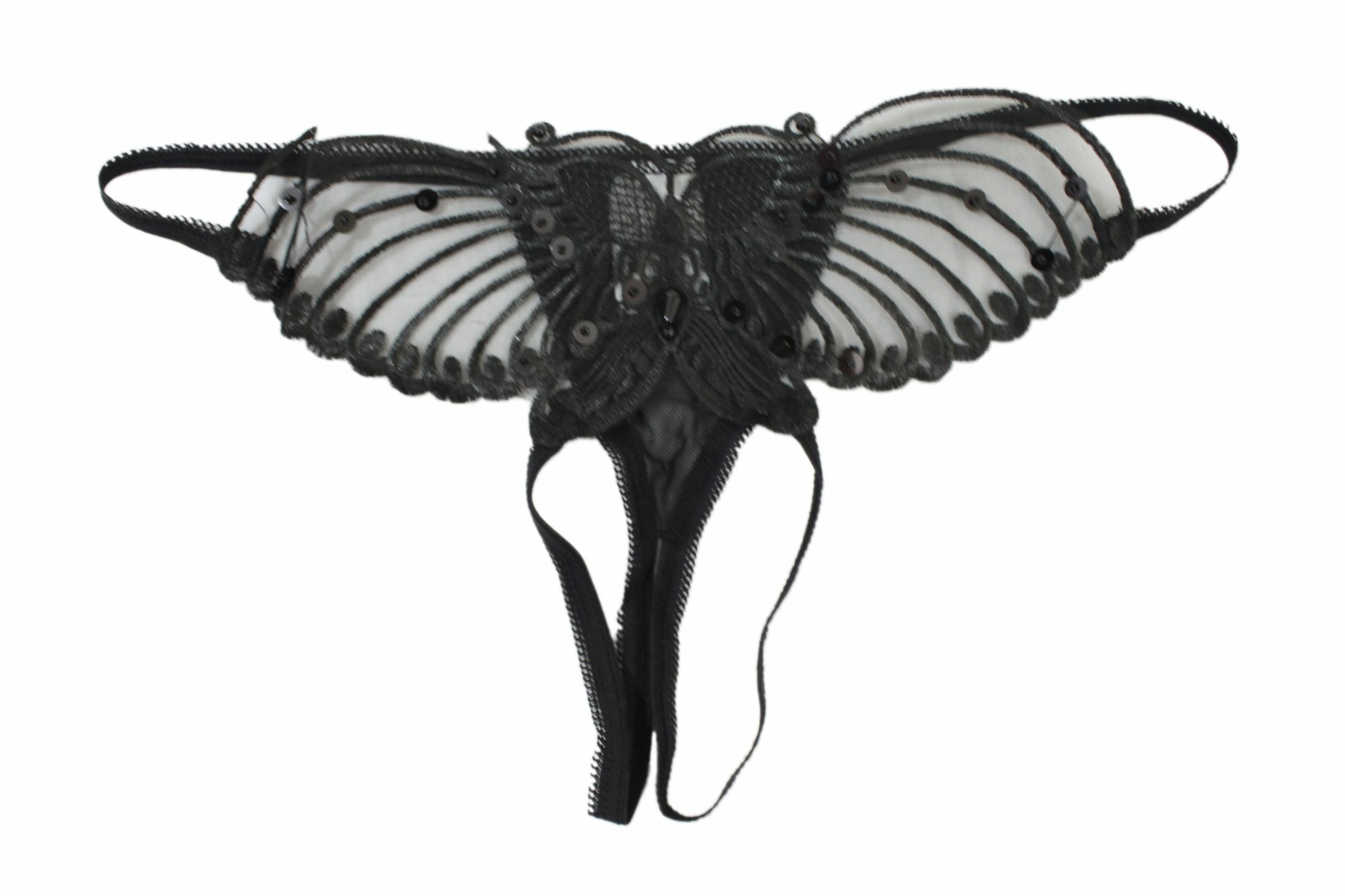 Flirtzy Sheer Butterfly Applique Crotchless Panties w/ Pearl and Sequin Details