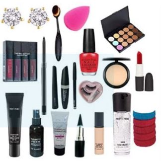 professionals combo kit lipstick, puff, conceller pallate, conceller, primer, kajal, rubber bans, bbcream, 3in 1, eyelashes