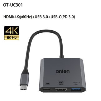 ONTEN 3 in 1 USB-C+HDMI Video Adapter+USB 3.2 Gen 1+PD HDMI (4K@60HZ) UC301