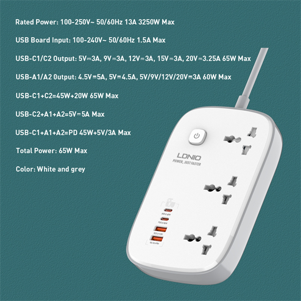 LDNIO SC3416 3 AC Outlets 4 USB Power Strip - Image 6