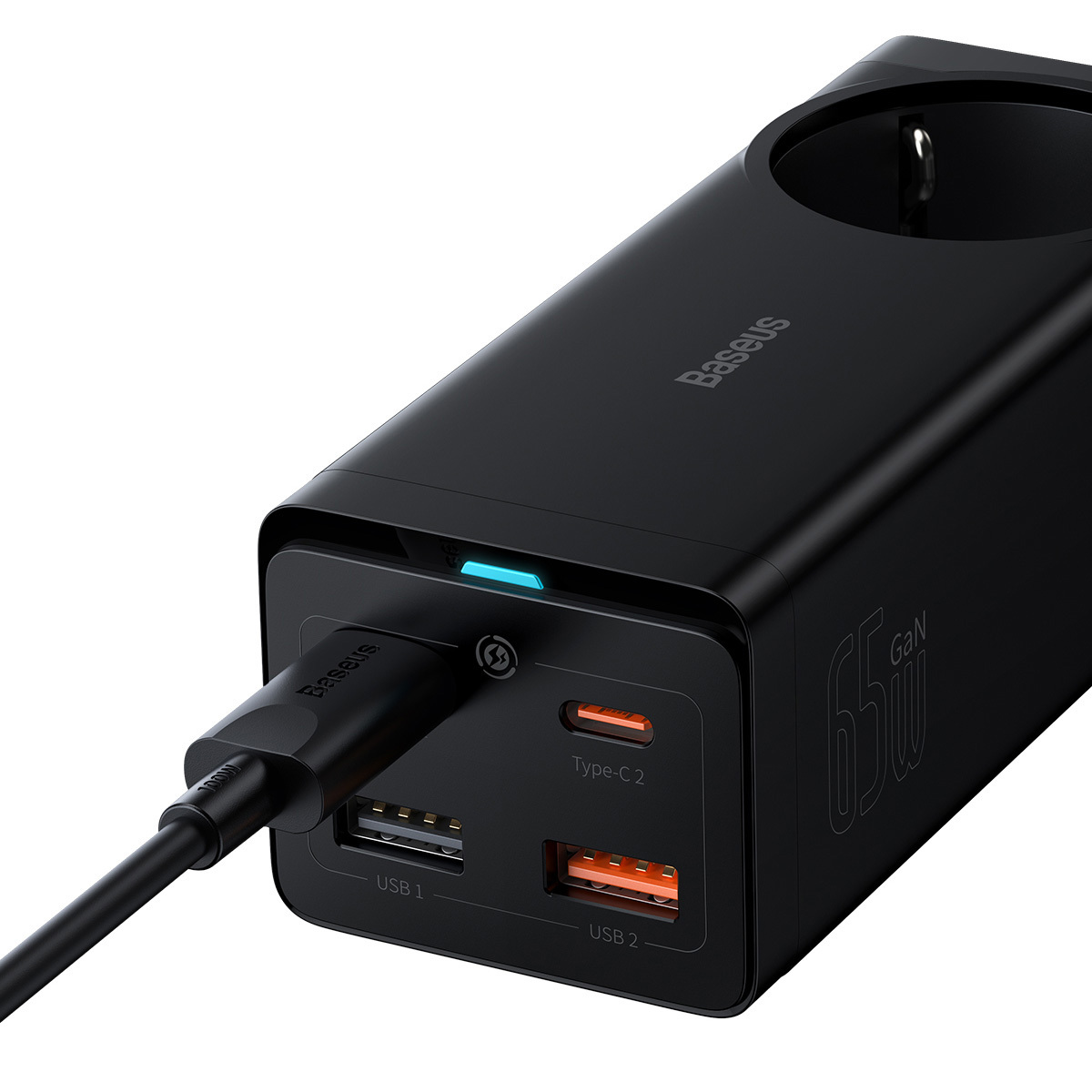 Baseus GaN3 Pro Desktop Powerstrip AC+2U+2C 65W - EU Black with Free Xiaobai Fast Charging Cable - Image 2