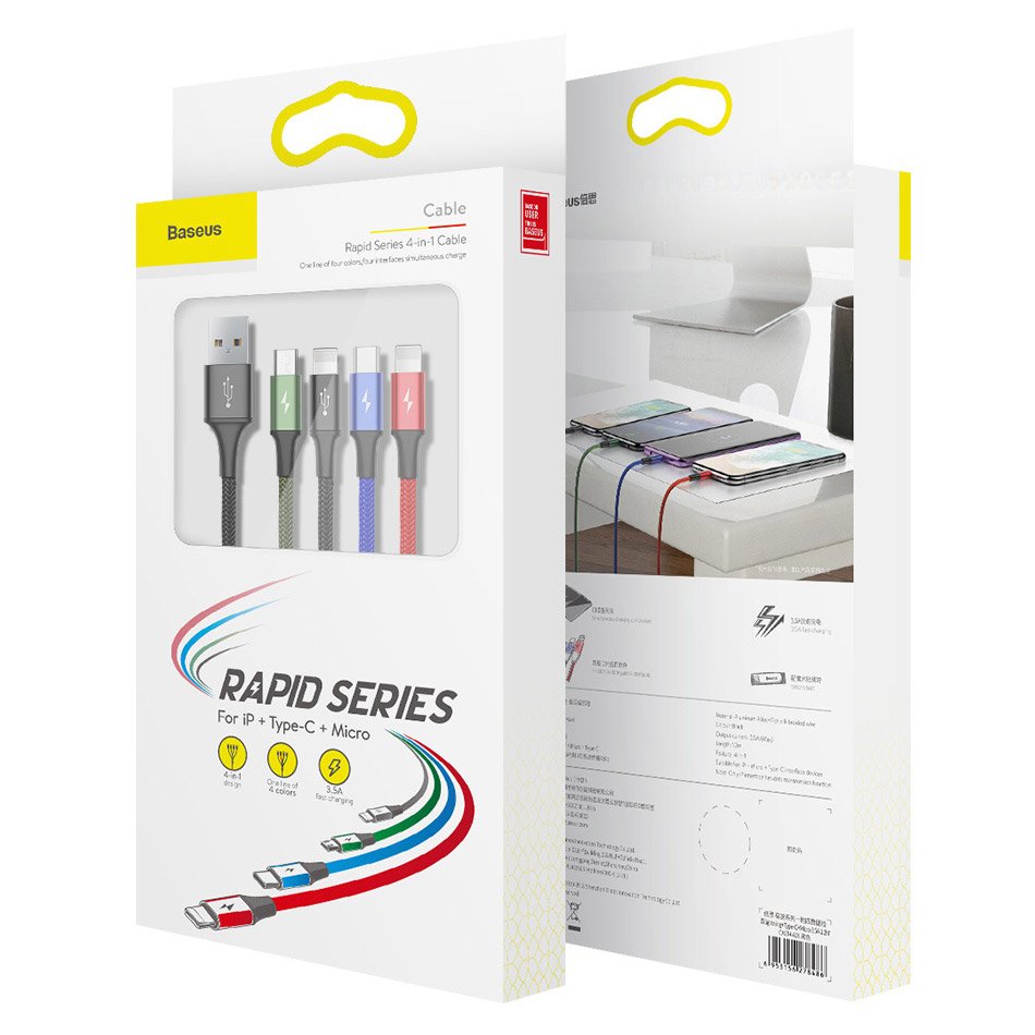 Baseus Fast 4-in-1 Cable - iP+Type-C(2)+Micro (1.2m, Black) - Image 2