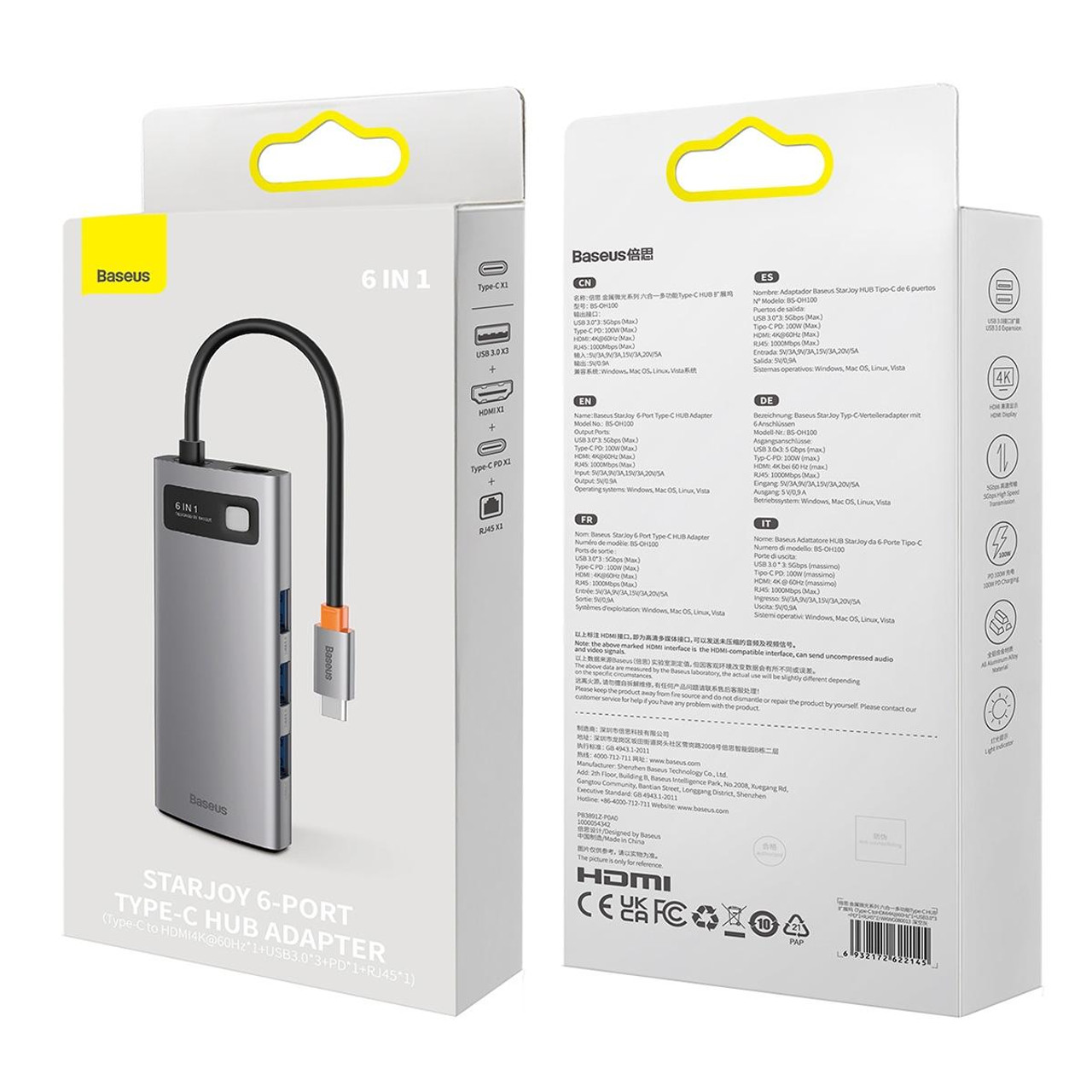 Baseus StarJoy 6-Port Type-C HUB Adapter (Type-C to HDMI 4K@60Hz1 + USB 3.03 + PD1 + RJ451)